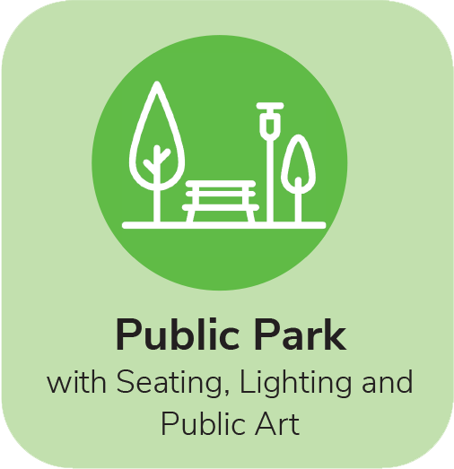 Public park, with seating, lighting, and public art